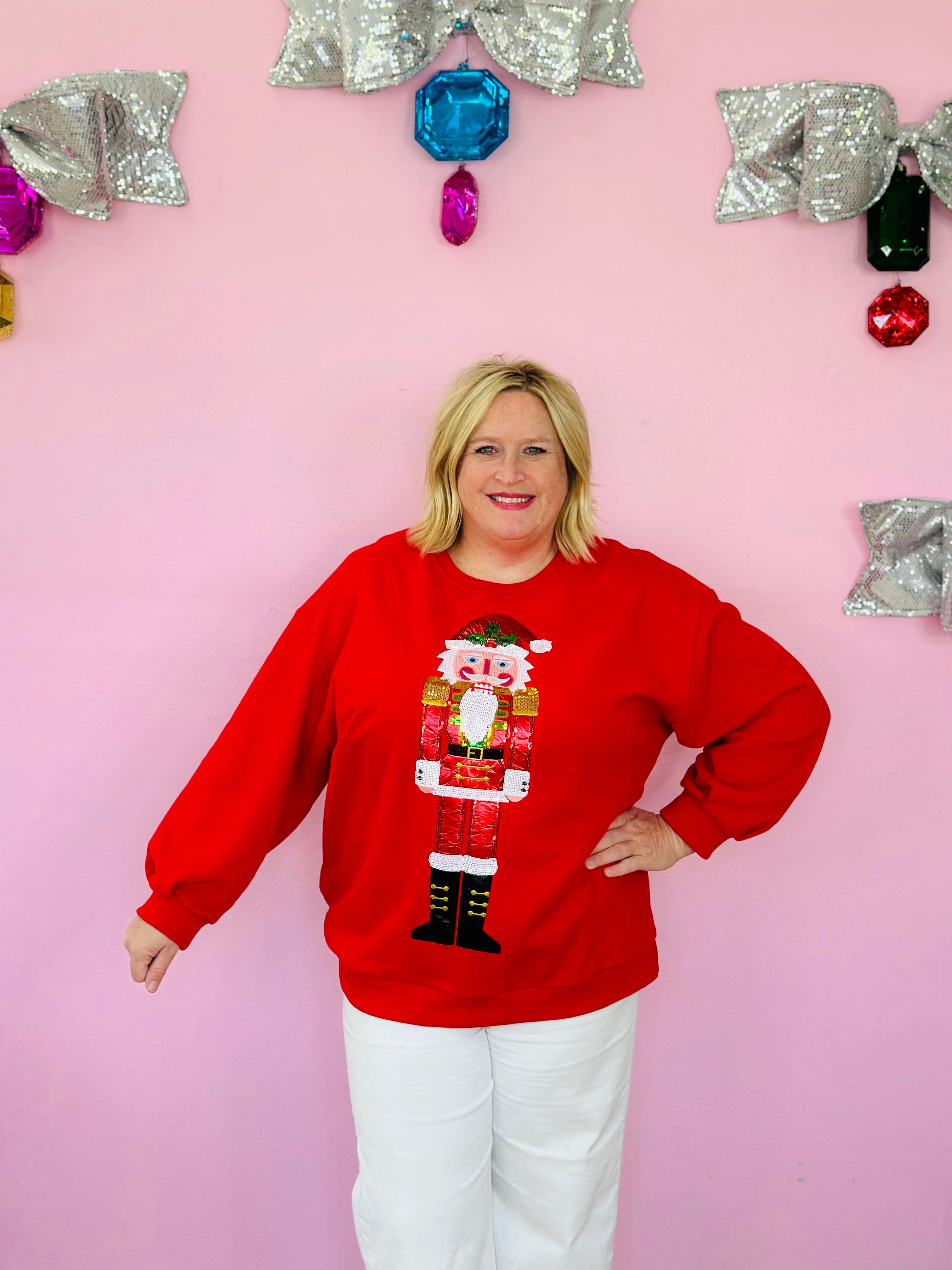 RED METALLIC SANTA NUTCRACKER SWEATSHIRT-PLUS