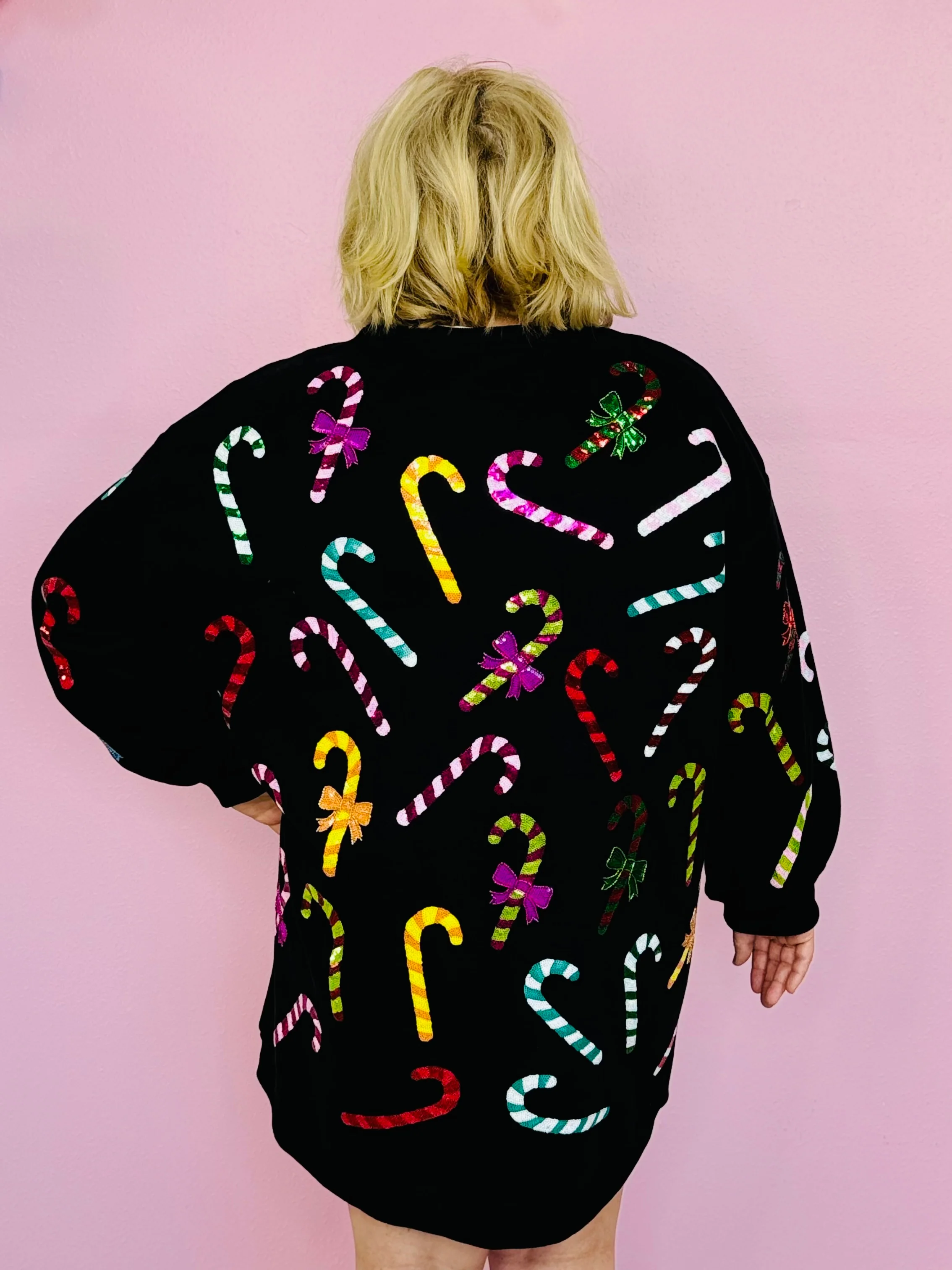 BLACK RAINBOW CANDY CANES SWEATSHIRT DRESS-PLUS