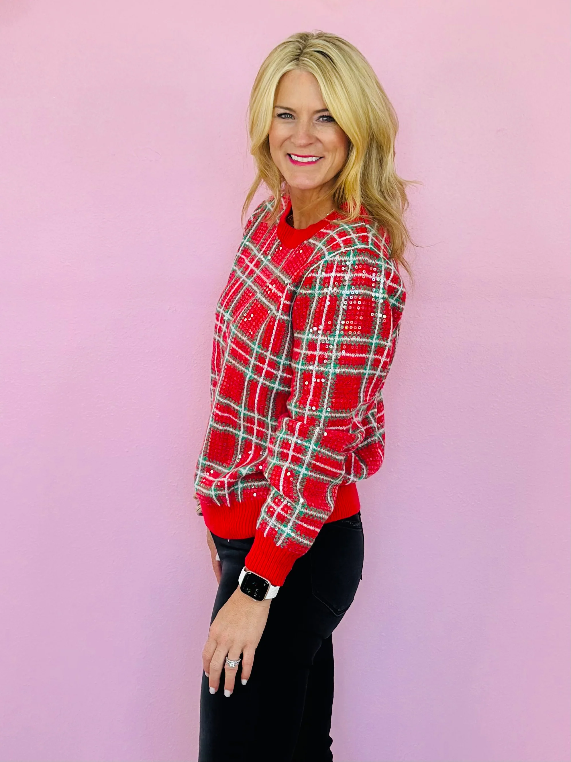 CHRISTMAS PLAID SEQUINED TOP-RED