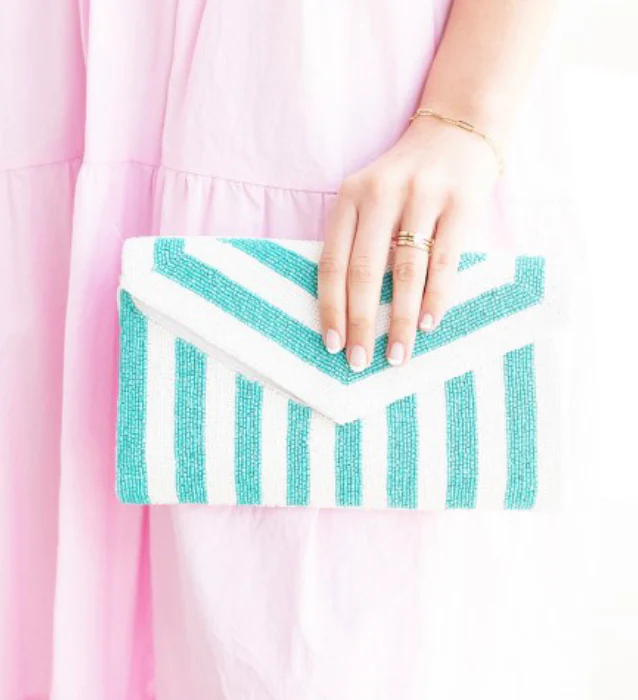 AQUA STRIPE BEADED PURSE